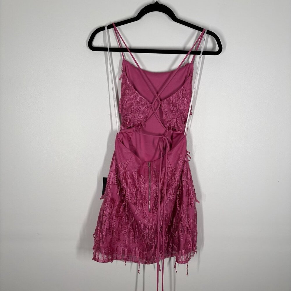 Lulus Women XL Making Magic Bright Pink Fringe Lace-Up Mini Dress NWT - Picture 8 of 14